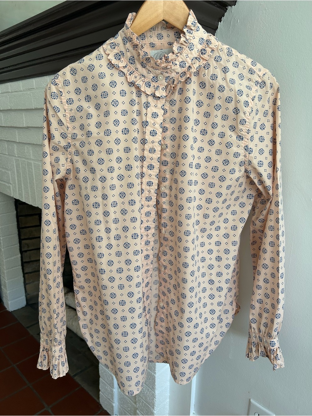 J. Crew Cream Button-Front Ruffle-Neck Floral Shirt